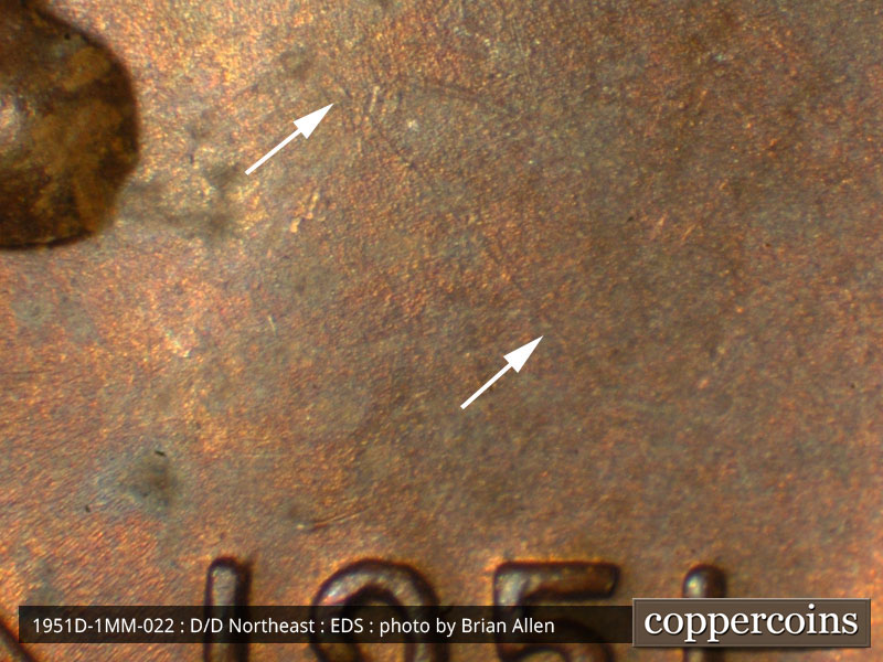 Die-stage A marker on 1951D•1MM•022 (1951 Repunched Mint Mark).