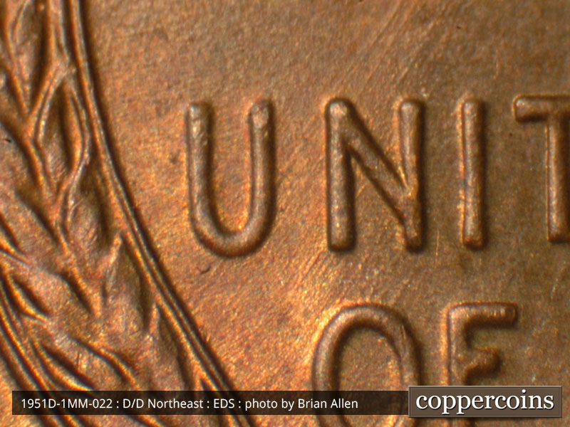 Die-stage A marker on 1951D•1MM•022 (1951 Repunched Mint Mark).