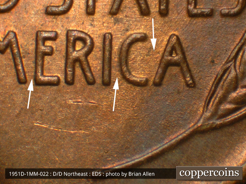 Die-stage A marker on 1951D•1MM•022 (1951 Repunched Mint Mark).