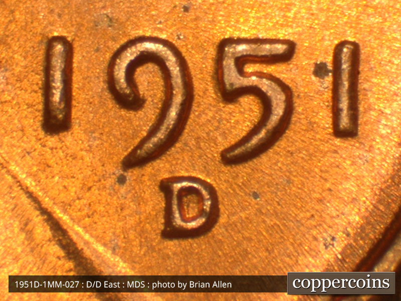 Die-stage B marker on 1951D•1MM•027 (1951 Repunched Mint Mark).