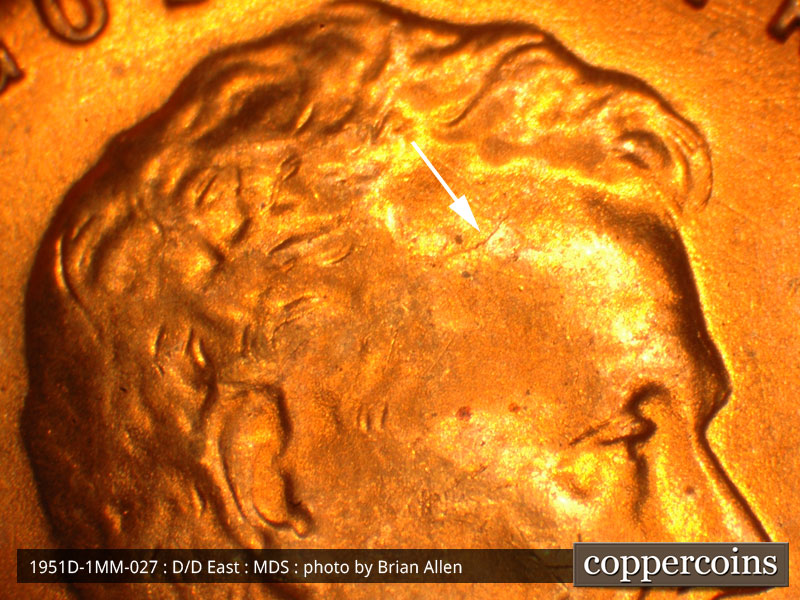 Die-stage B marker on 1951D•1MM•027 (1951 Repunched Mint Mark).