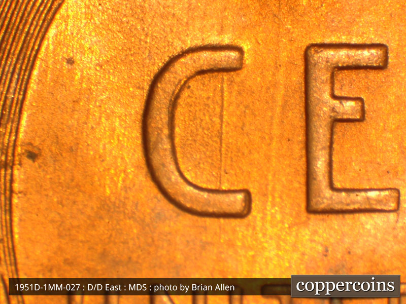 Die-stage B marker on 1951D•1MM•027 (1951 Repunched Mint Mark).