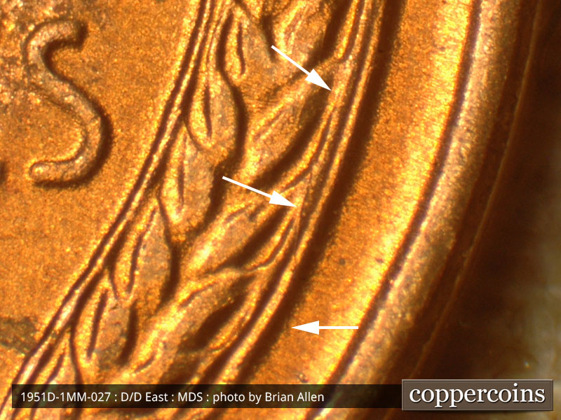 Die-stage B marker on 1951D•1MM•027 (1951 Repunched Mint Mark).