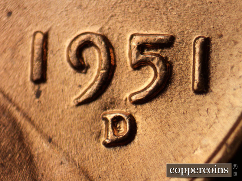 1951 Lincoln cent obverse, CopperCoins die 1951D•1MM•028.
