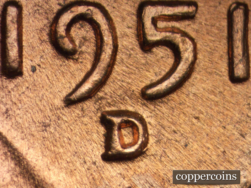 1951 Lincoln cent obverse, CopperCoins die 1951D•1MM•029.