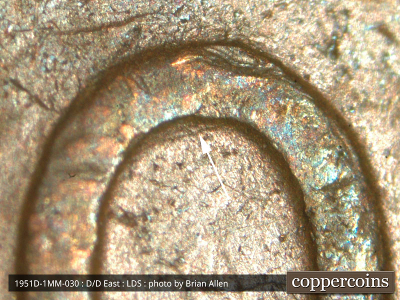 Die-stage C marker on 1951D•1MM•030 (1951 Repunched Mint Mark).