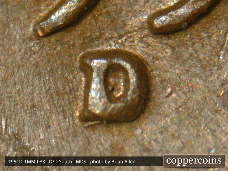 1951 Lincoln cent obverse, CopperCoins die 1951D•1MM•033.
