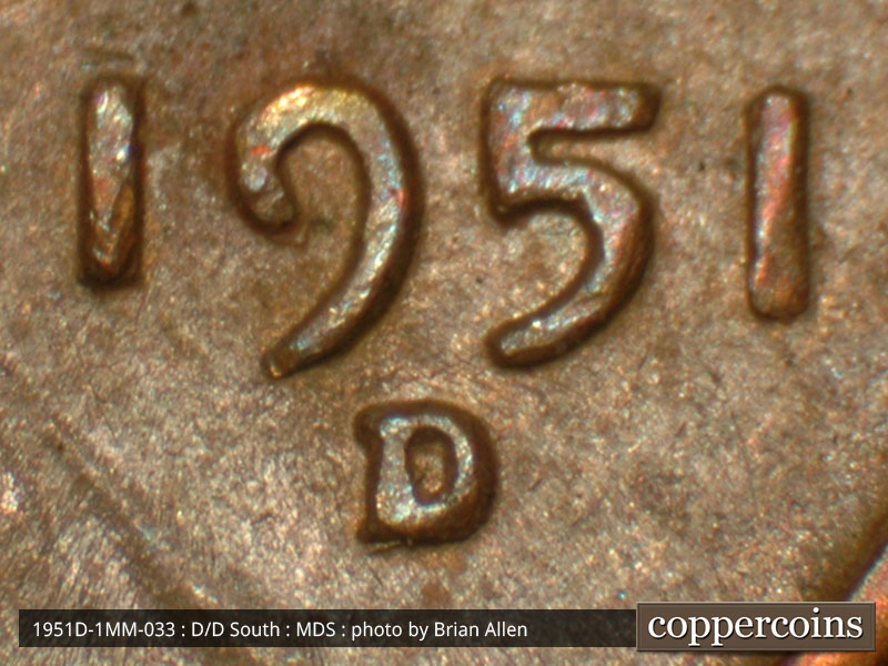 Die-stage B marker on 1951D•1MM•033 (1951 Repunched Mint Mark).