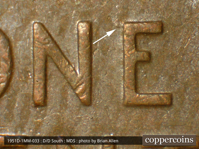 Die-stage B marker on 1951D•1MM•033 (1951 Repunched Mint Mark).
