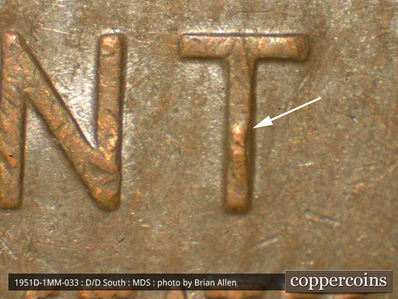 Die-stage B marker on 1951D•1MM•033 (1951 Repunched Mint Mark).