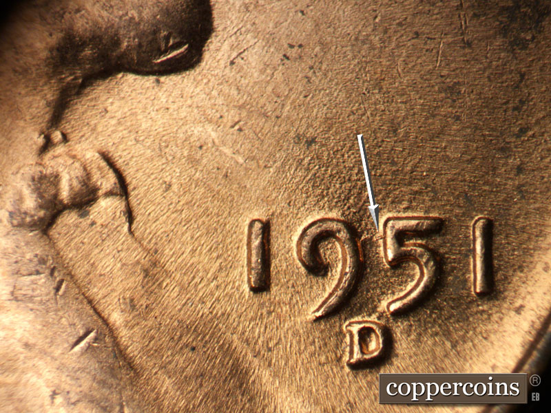 Die-stage C marker on 1951D•1MM•034 (1951 Repunched Mint Mark).