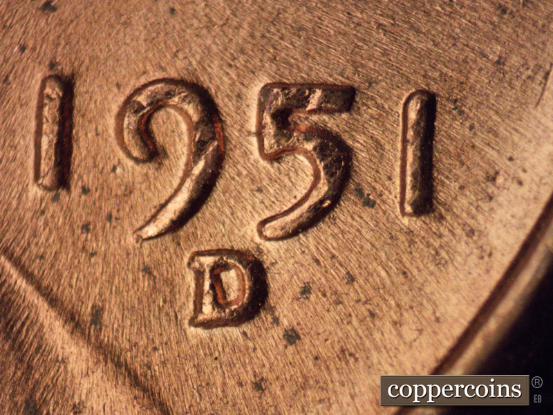 1951 Lincoln cent obverse, CopperCoins die 1951D•1MM•039.