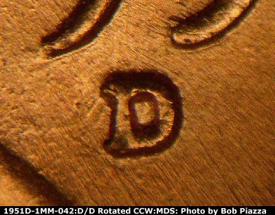 Die-stage B marker on 1951D•1MM•042 (1951 Repunched Mint Mark).
