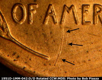 Die-stage B marker on 1951D•1MM•042 (1951 Repunched Mint Mark).