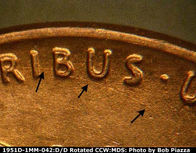 Die-stage B marker on 1951D•1MM•042 (1951 Repunched Mint Mark).