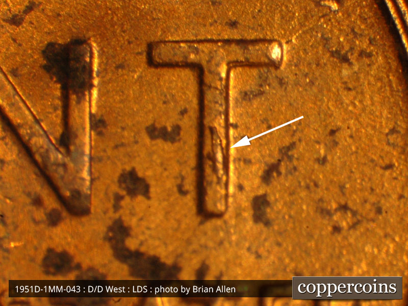 Die-stage C marker on 1951D•1MM•043 (1951 Repunched Mint Mark).
