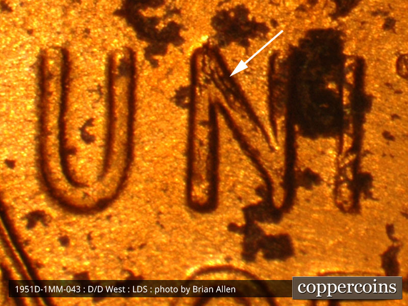 Die-stage C marker on 1951D•1MM•043 (1951 Repunched Mint Mark).