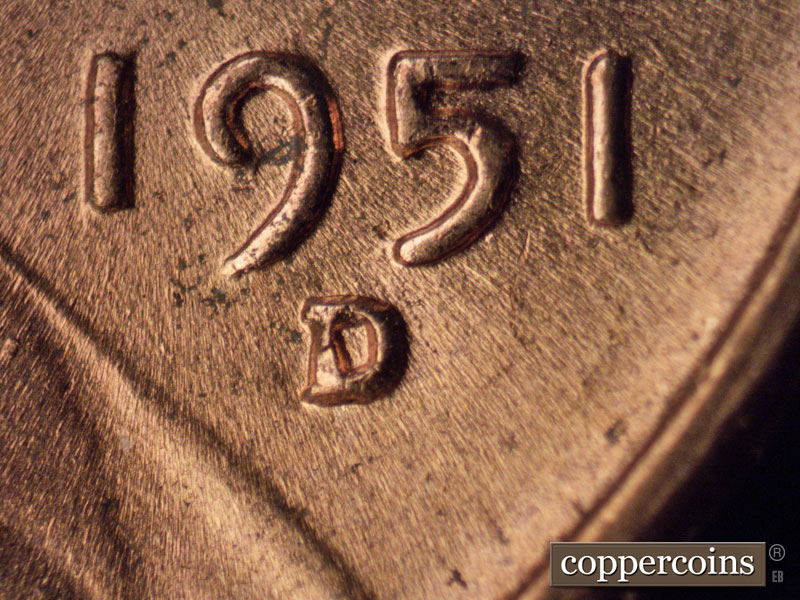 1951 Lincoln cent obverse, CopperCoins die 1951D•1MM•049.