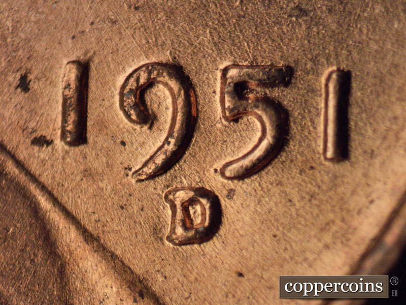 1951 Lincoln cent obverse, CopperCoins die 1951D•1MM•050.