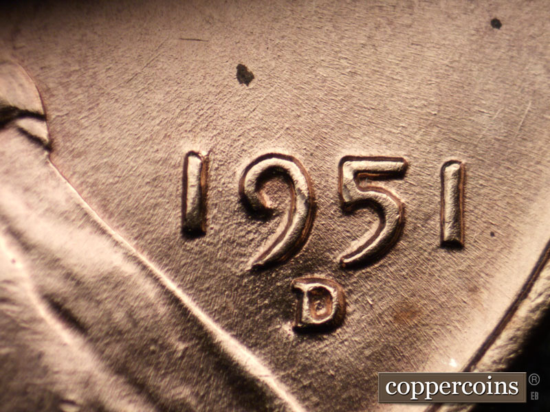 Die-stage B marker on 1951D•1MM•052 (1951 Repunched Mint Mark).