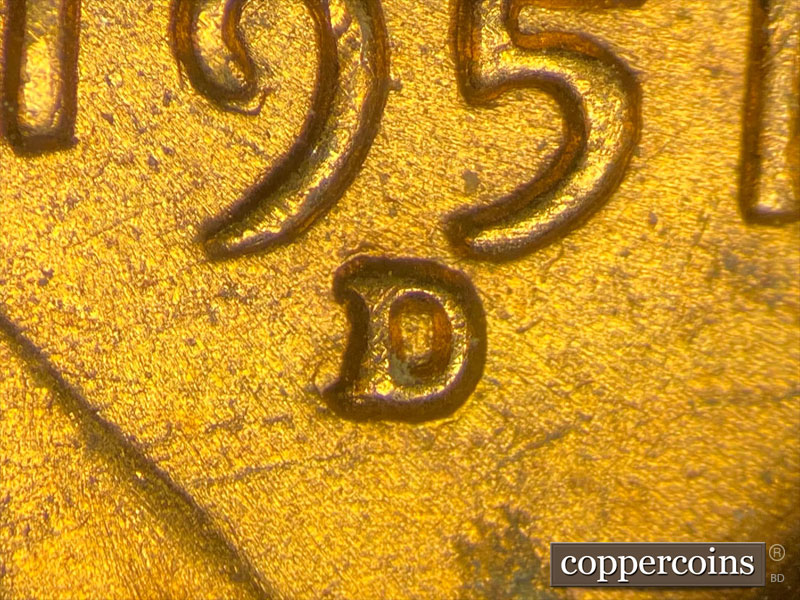 1951 Lincoln cent obverse, CopperCoins die 1951D•1MM•054.
