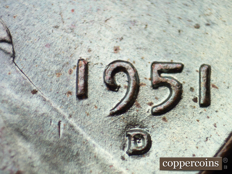 Die-stage B marker on 1951D•1MM•055 (1951 Repunched Mint Mark).