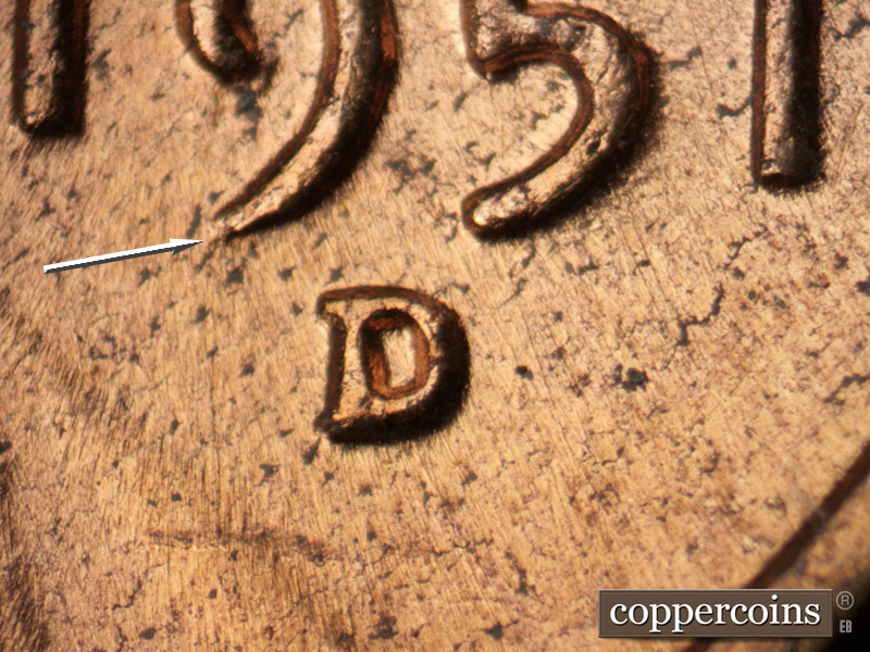1951 Lincoln cent obverse, CopperCoins die 1951D•1MM•057.