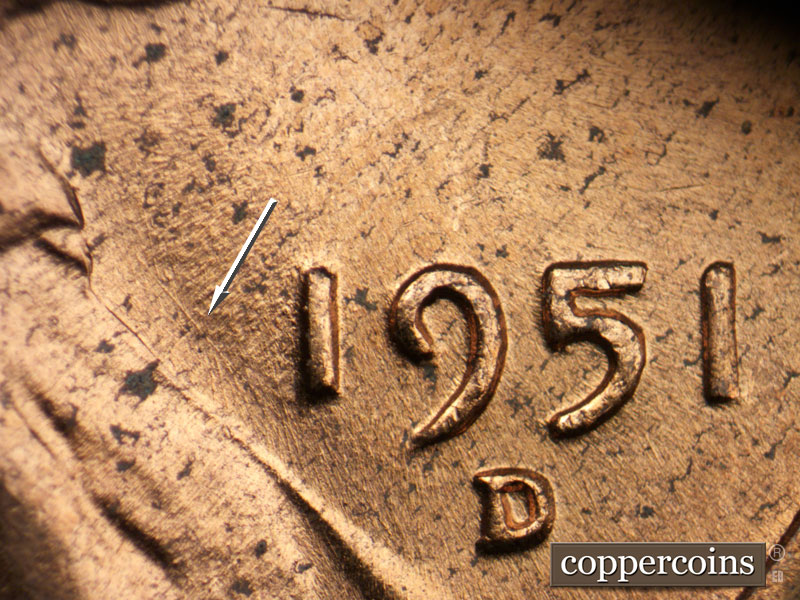 Die-stage B marker on 1951D•1MM•057 (1951 Repunched Mint Mark).