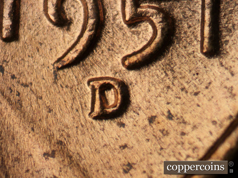 1951 Lincoln cent obverse, CopperCoins die 1951D•1MM•059.
