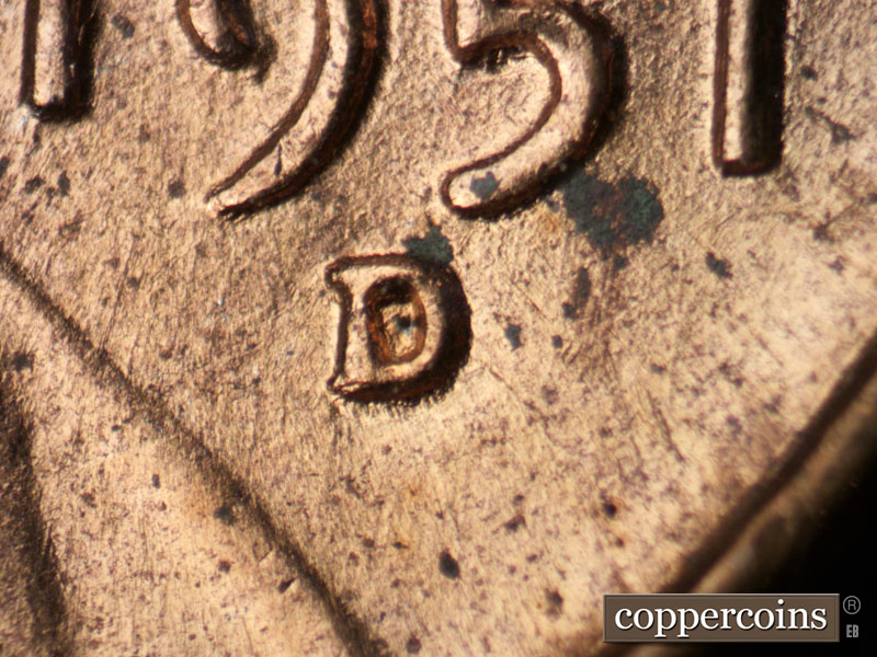 1951 Lincoln cent obverse, CopperCoins die 1951D•1MM•060.