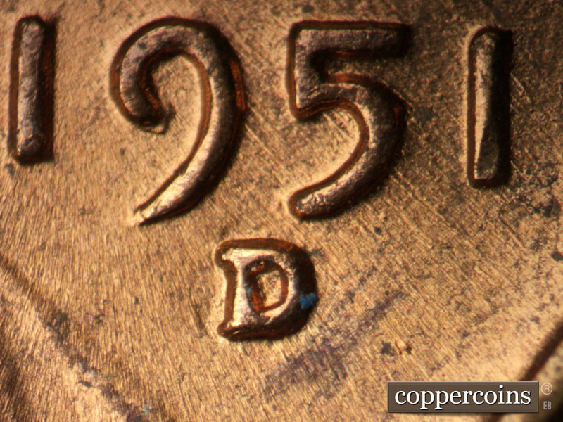 1951 Lincoln cent obverse, CopperCoins die 1951D•1MM•064.