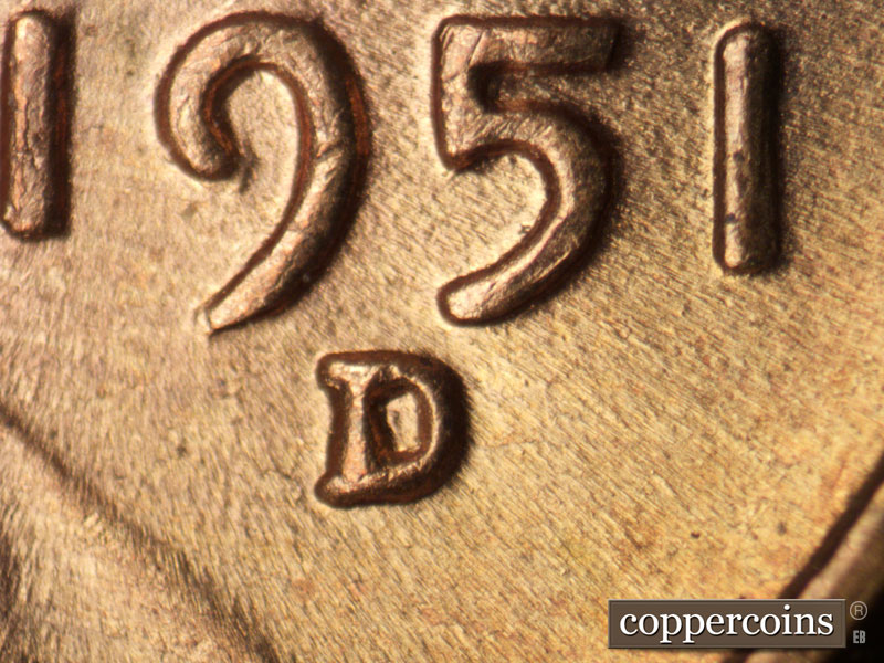 1951 Lincoln cent obverse, CopperCoins die 1951D•1MM•066.