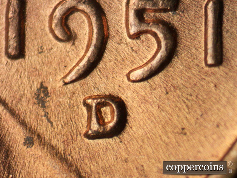 1951 Lincoln cent obverse, CopperCoins die 1951D•1MM•068.