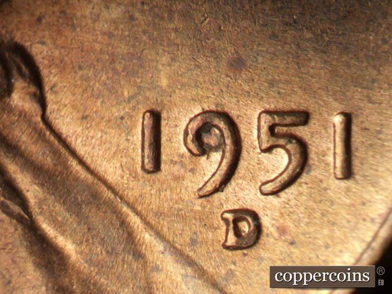 Die-stage B marker on 1951D•1MM•070 (1951 Repunched Mint Mark).