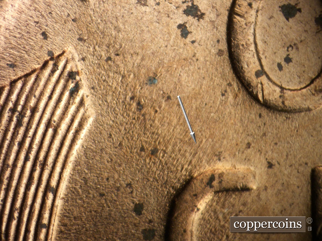 Die-stage C marker on 1951D•1MM•071 showing NE die scratch or wear from top of C in CENT.