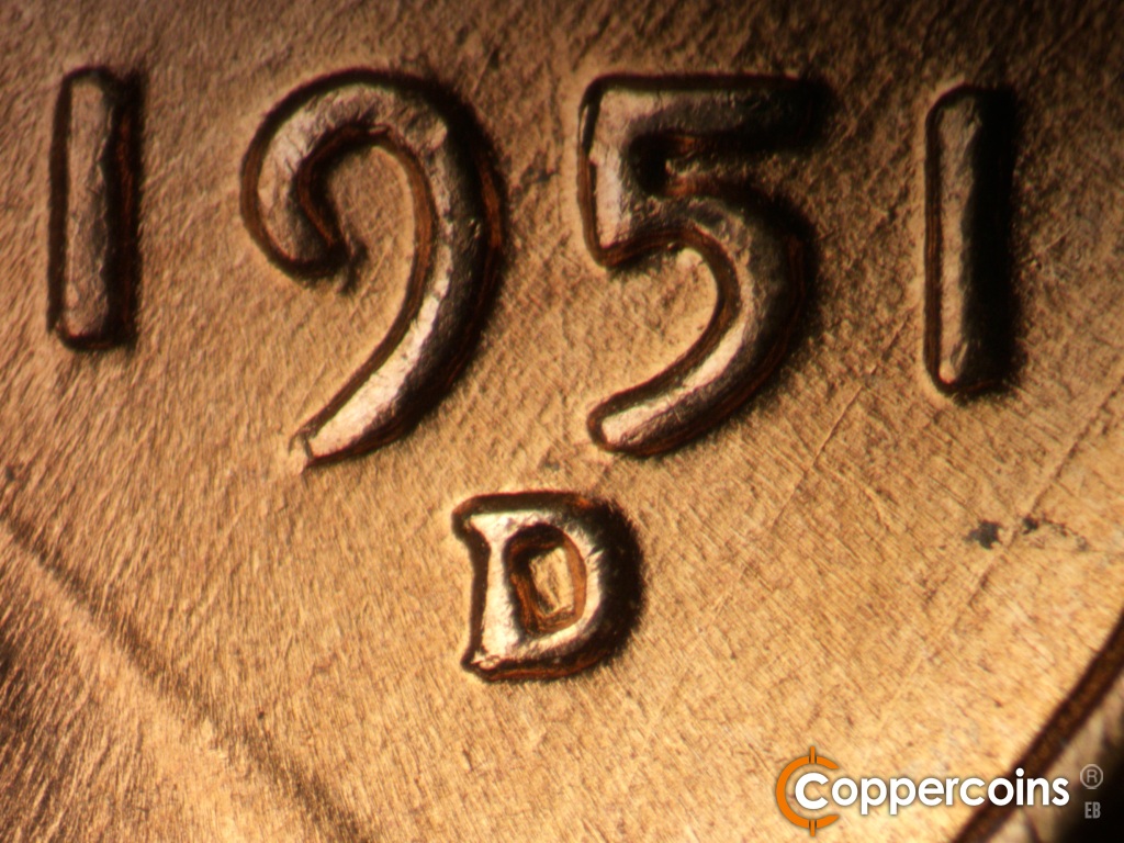 Die-stage B marker on 1951D•1MM•072 showing Closeup of repunched mint mark.