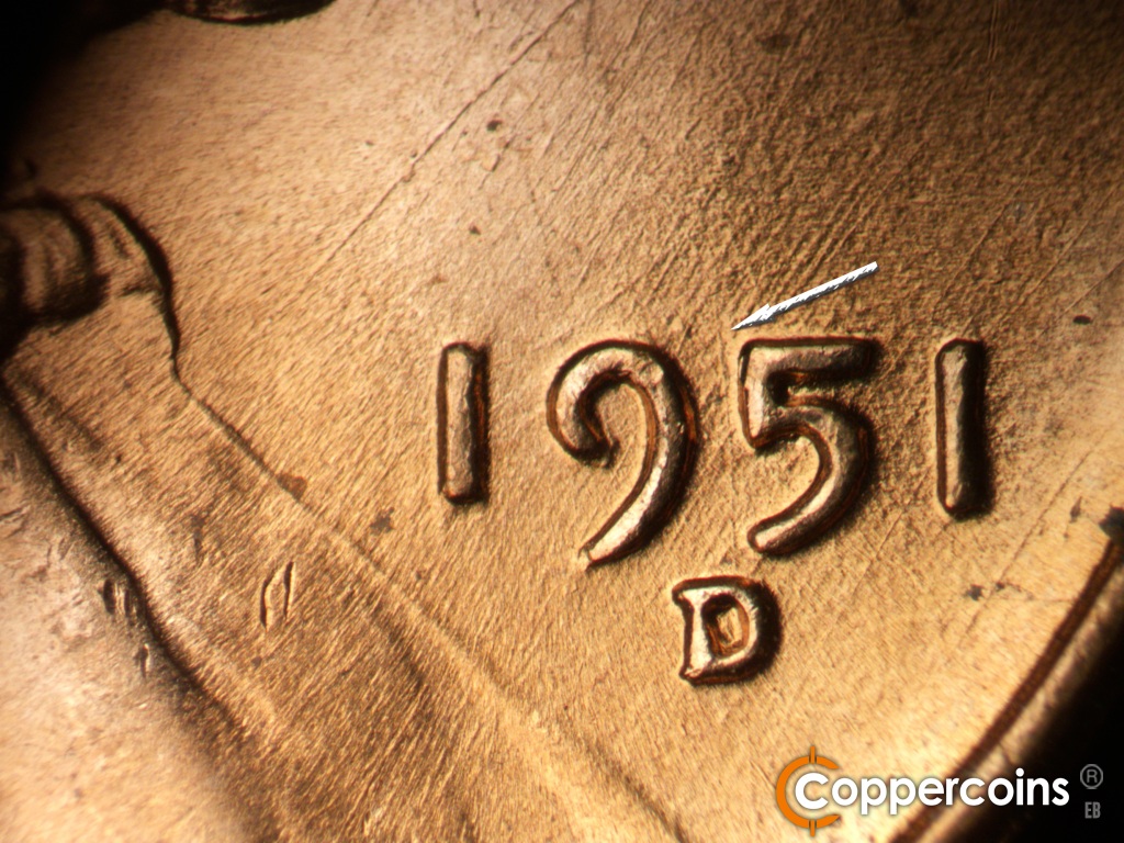 Die-stage B marker on 1951D•1MM•072 showing NE die scratches through date. N/S die scratch between 95 in date down through mint mark.