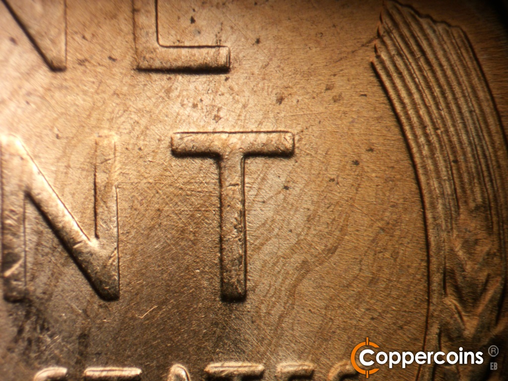 Die-stage B marker on 1951D•1MM•072 showing Die scratch through T in CENT. Die chipping on vertical of T in CENT.