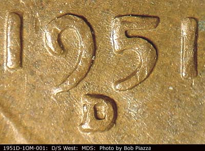 Die-stage B marker on 1951D•1OM•001 (1951 Over Mint Mark).