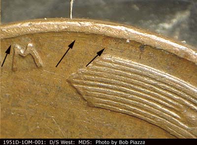Die-stage B marker on 1951D•1OM•001 (1951 Over Mint Mark).