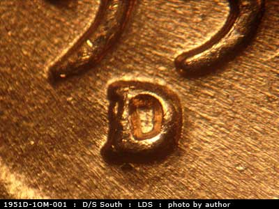 Die-stage C marker on 1951D•1OM•001 (1951 Over Mint Mark).