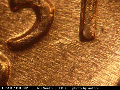 Die-stage C marker on 1951D•1OM•001 (1951 Over Mint Mark).