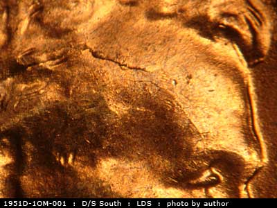 Die-stage C marker on 1951D•1OM•001 (1951 Over Mint Mark).