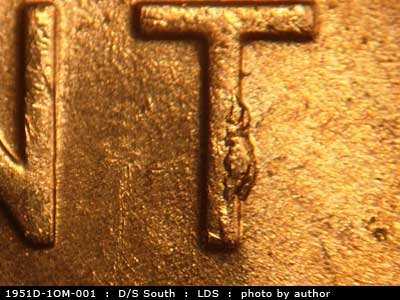 Die-stage C marker on 1951D•1OM•001 (1951 Over Mint Mark).