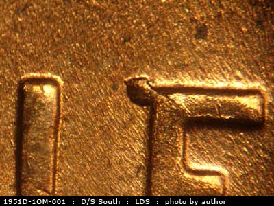 Die-stage C marker on 1951D•1OM•001 (1951 Over Mint Mark).