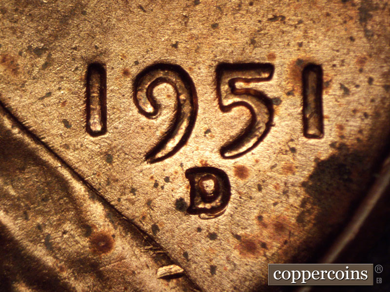 Die-stage A marker on 1951D•1OM•002 (1951 Over Mint Mark).