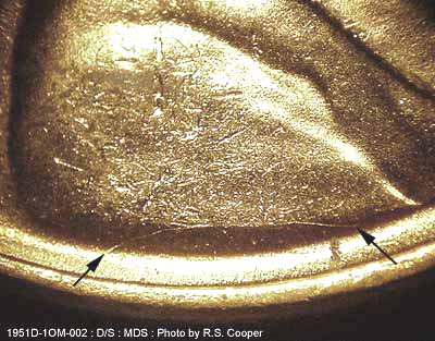 Die-stage B marker on 1951D•1OM•002 (1951 Over Mint Mark).