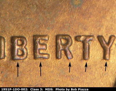 Die-stage B marker on 1951P•1DO•002 (1951 Doubled Die Obverse).