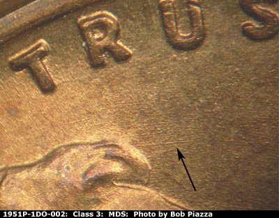 Die-stage B marker on 1951P•1DO•002 (1951 Doubled Die Obverse).