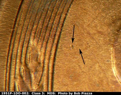 Die-stage B marker on 1951P•1DO•002 (1951 Doubled Die Obverse).